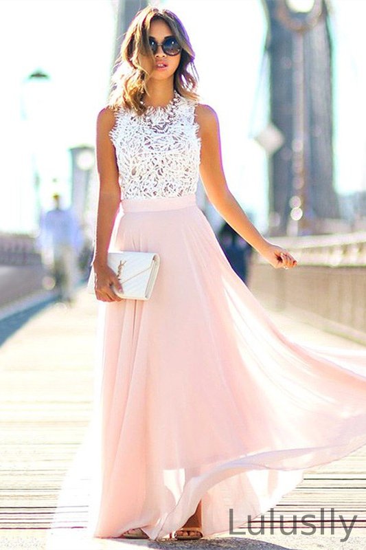 Luluslly White and Pink Long Chiffon Evening Dress Sleeveless With Lace