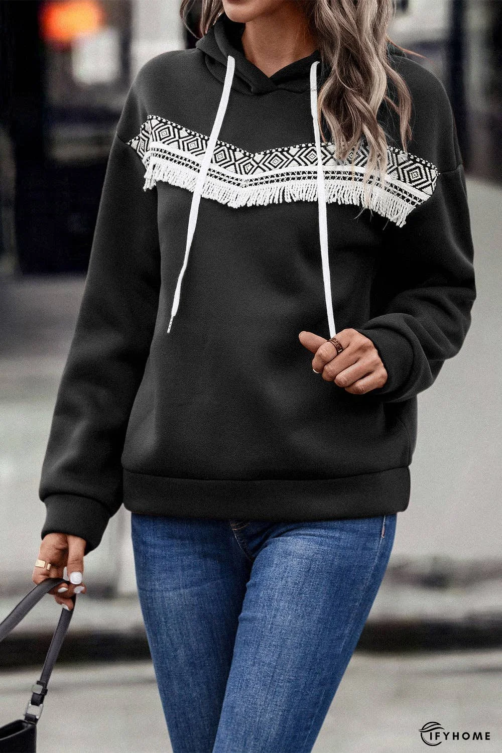 Contrast Fringe Detail Dropped Shoulder Hoodie | IFYHOME