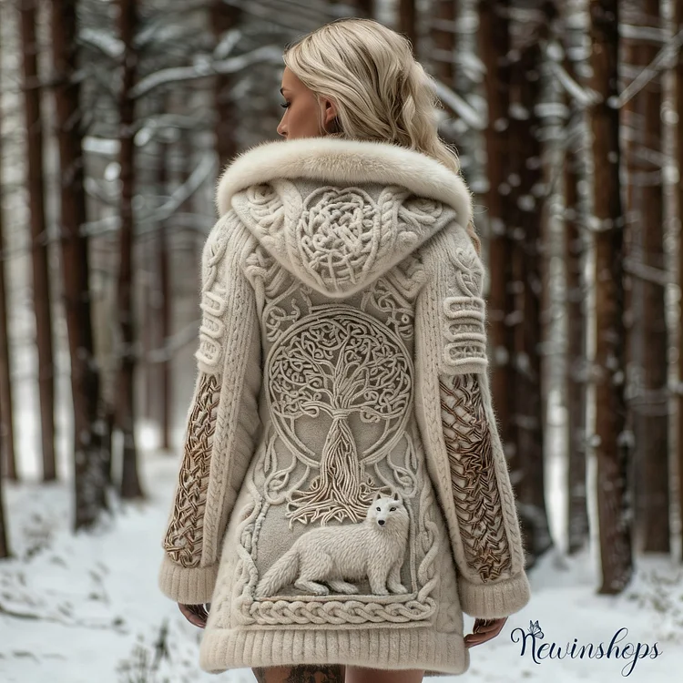 Women's White Fox And Tree Of Life Celtic Jacquard Cozy Fur Collar Knit Hooded Cardigan