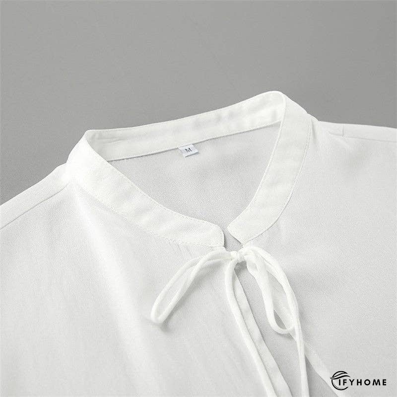 White Tie-Up Top With Mandarin Collar | IFYHOME