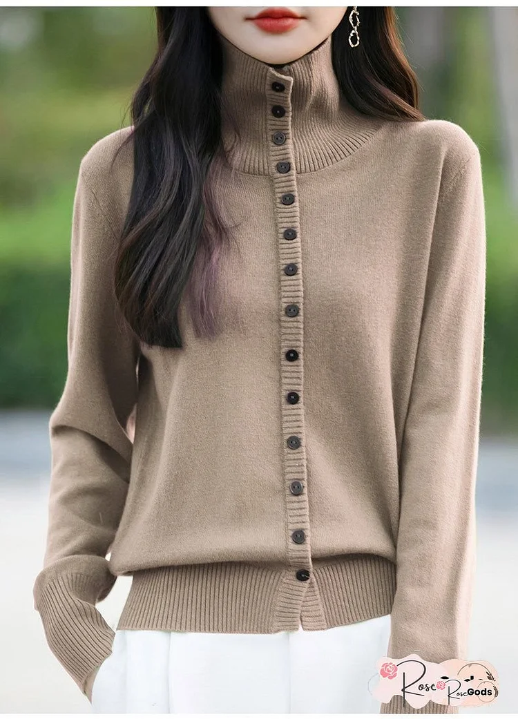 Women's High-Neck Ribbed Sweater - Soft Stretch Acrylic Blend Casual Pullover with Button Detail, All-Season Versatile Black Sweater for Casual Attire