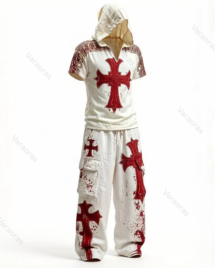 Men's Summer Outdoor Fashion: Nordic Viking Style Embroidered Short-Sleeve Cotton-Linen Hoodie & Trousers Two-Piece Set 3368
