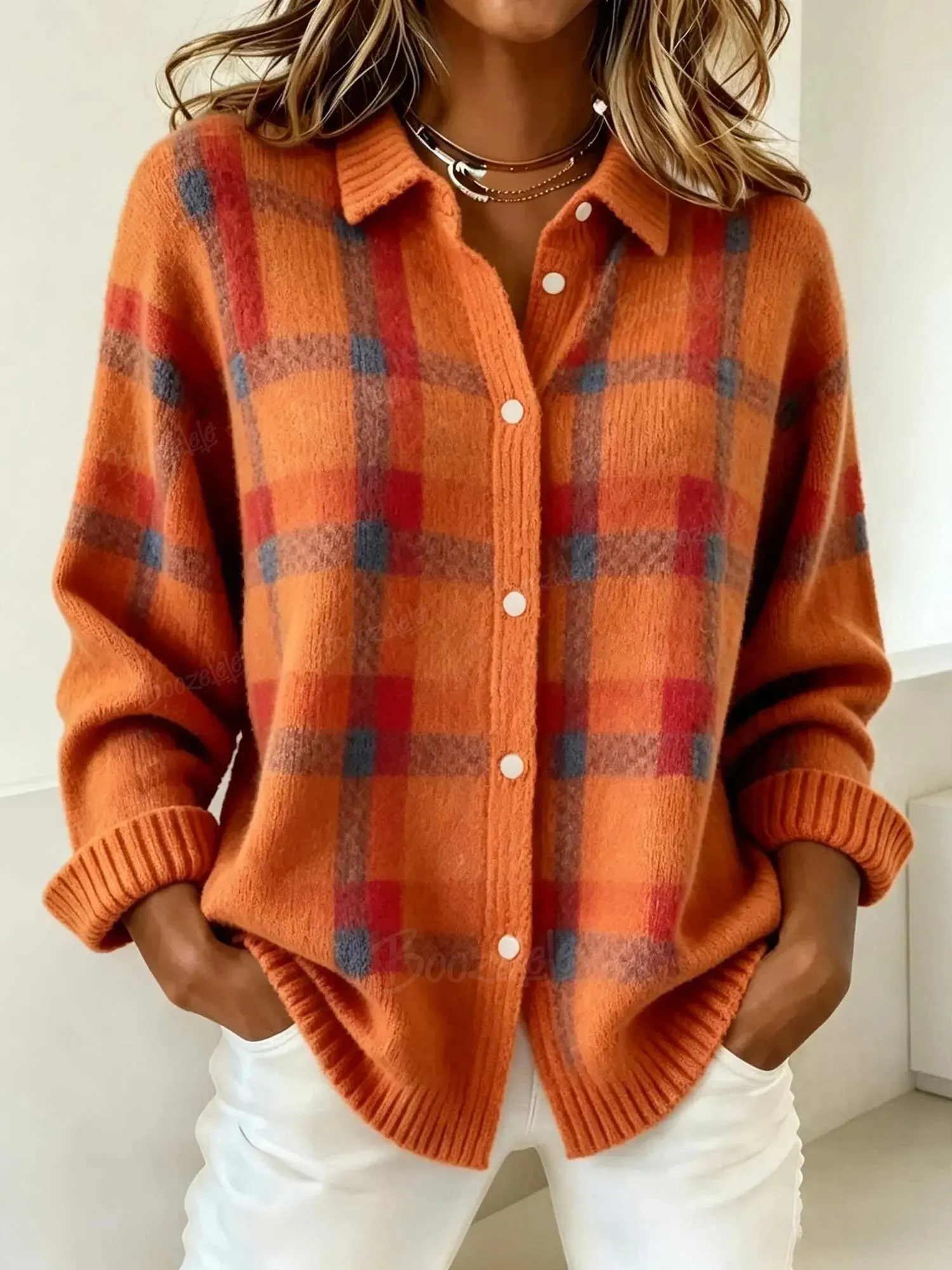 Women's Plaid Button-Down Knitted Shirt Casual Long Sleeve Lapel Collar Oversized Cardigan Top
