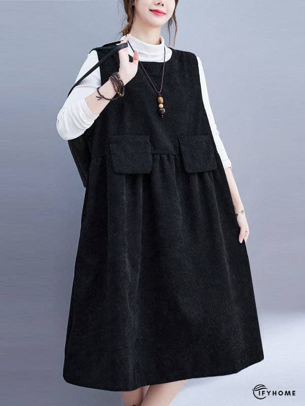 Artistic Retro Loose Sleeveless Solid Color Round-Neck Midi Dresses | IFYHOME