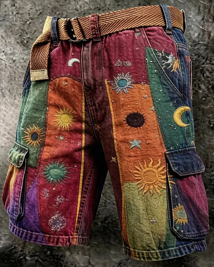 Men's Summer Outdoor Fashion Star Embroidered Color Block Patchwork Shorts    6496