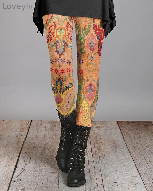 Retro Floral Art Print Casual Leggings