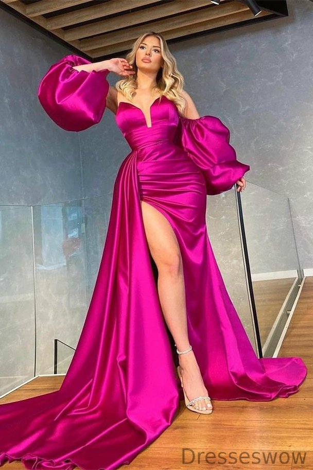 Dresseswow Fuchsia Mermaid Long Prom Dress Slit Ruffles With Detachable Sleeves