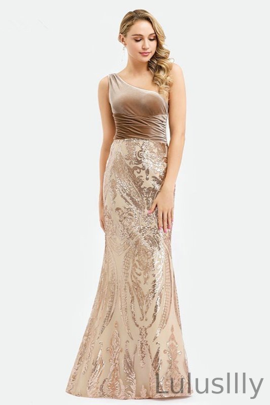 One Shoulder Sequins Velvet Prom Dress Long Mermaid Evening Gowns Online - lulusllly