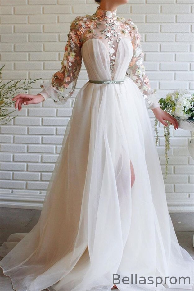 Bellasprom High Neck Long Sleeves Flowers Evening Dress Tulle With Slit Bellasprom
