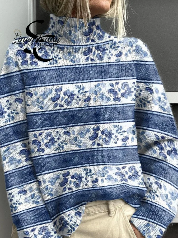 Blue Horizontal Striped Flowers Print Knit Turtleneck Pullover Sweater