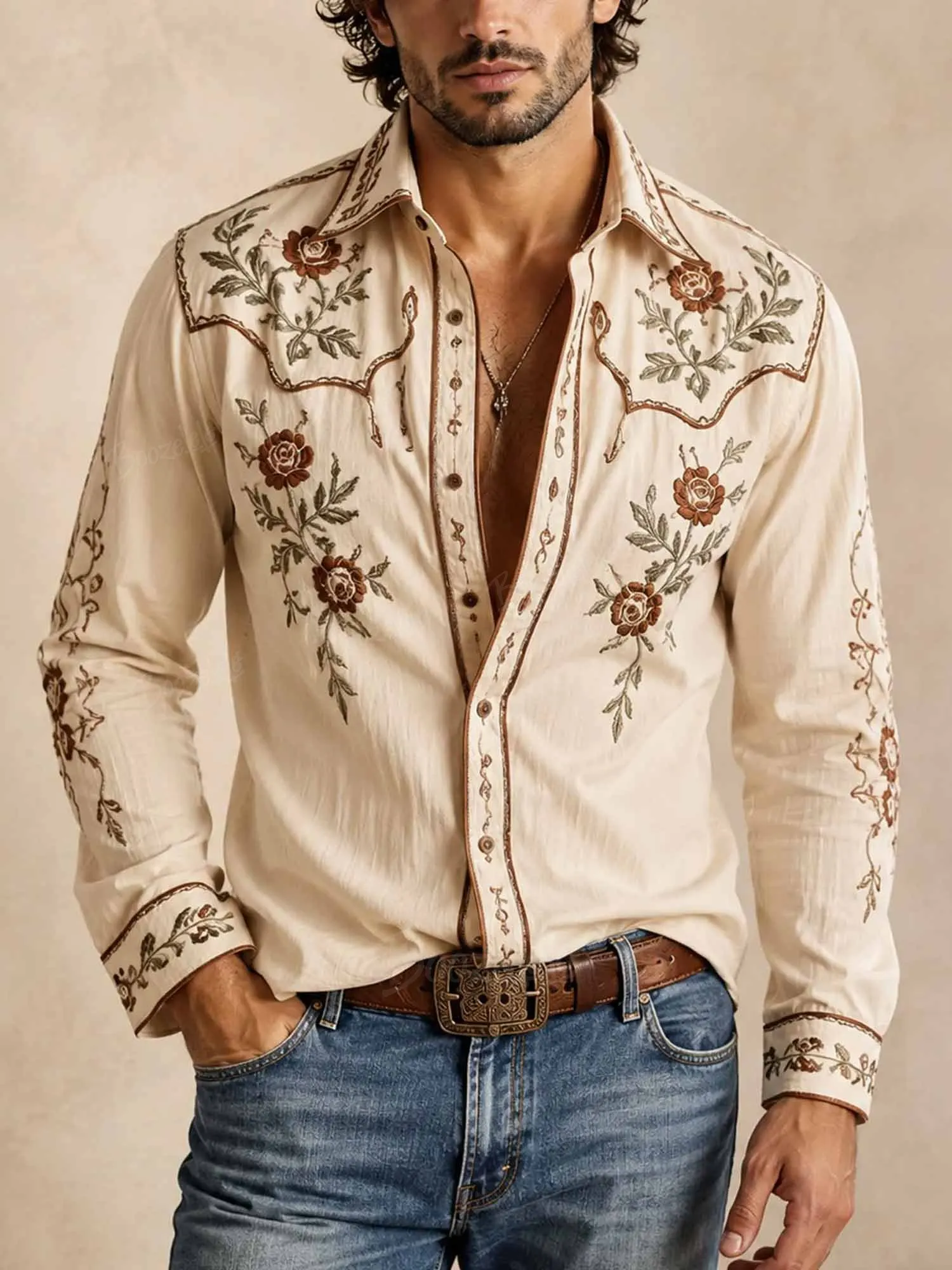 Perfect for a Western Country Concert &mdash; Oatmeal Cream & Terracotta Red Rose Floral Long-Sleeve Shirt-100% Cotton