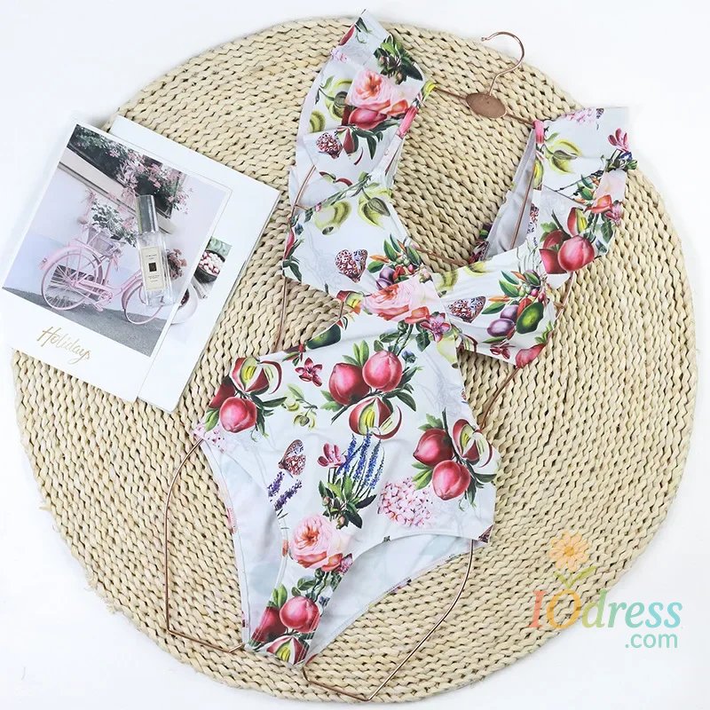 IO Dress New Sexy One Piece Swimsuit Swimwear Women Flowers Fruits Print V-neck Big Ruffle Backless Bowknot Hollow Beachwear Bathing Suit