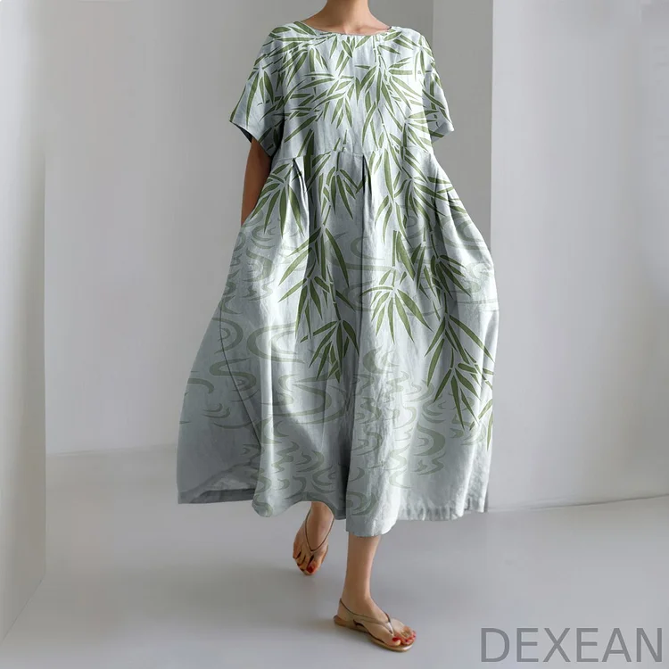Bamboo Japanese Art Linen Blend Maxi Dress