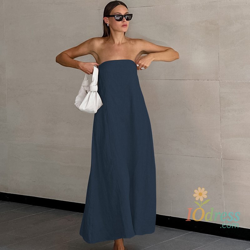 IO Dress Summer Cotton And Linen Women's Dress Solid Color Temperament Strapless Sexy Loose Comfortable Vacation Beach Skirt Sun Skirt IO Dress