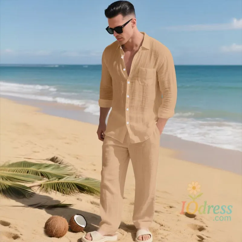 IO Menswear The 2026 Summer Men's linen short-sleeved shirt set is a two-piece long pants set suitable fordaily casual beach vacations 2Pcs IO Dress