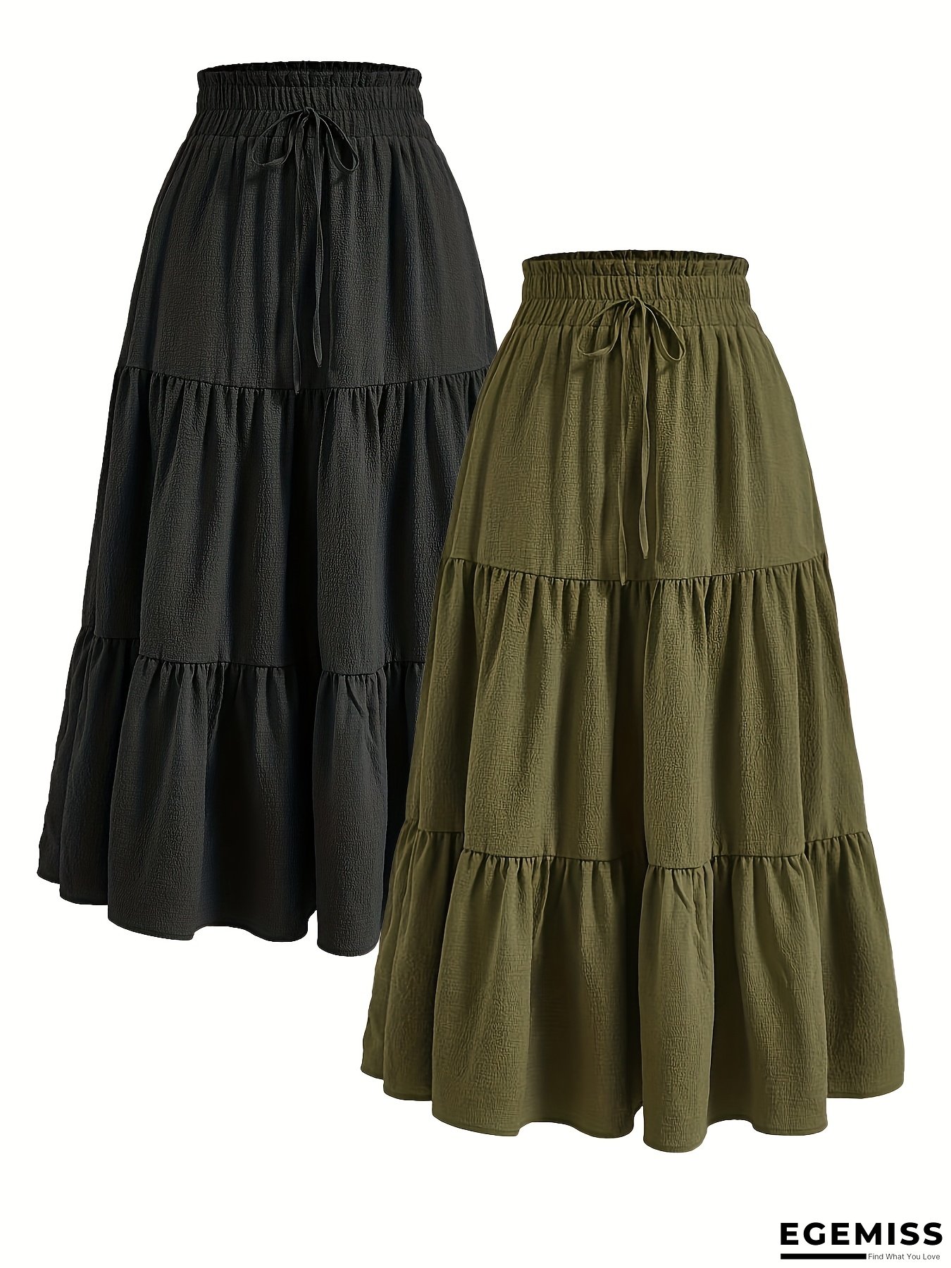 Women's Two-Piece Solid Color Skirt Set - Black And Olive Green, Casual Style With Drawstring Waist, Elastic Ruffle Hem, Pleated Long Length, All-Season Wear, Casual Attire|Ruffle Hem Skirt|Drawstring Waist Skirt | EGEMISS