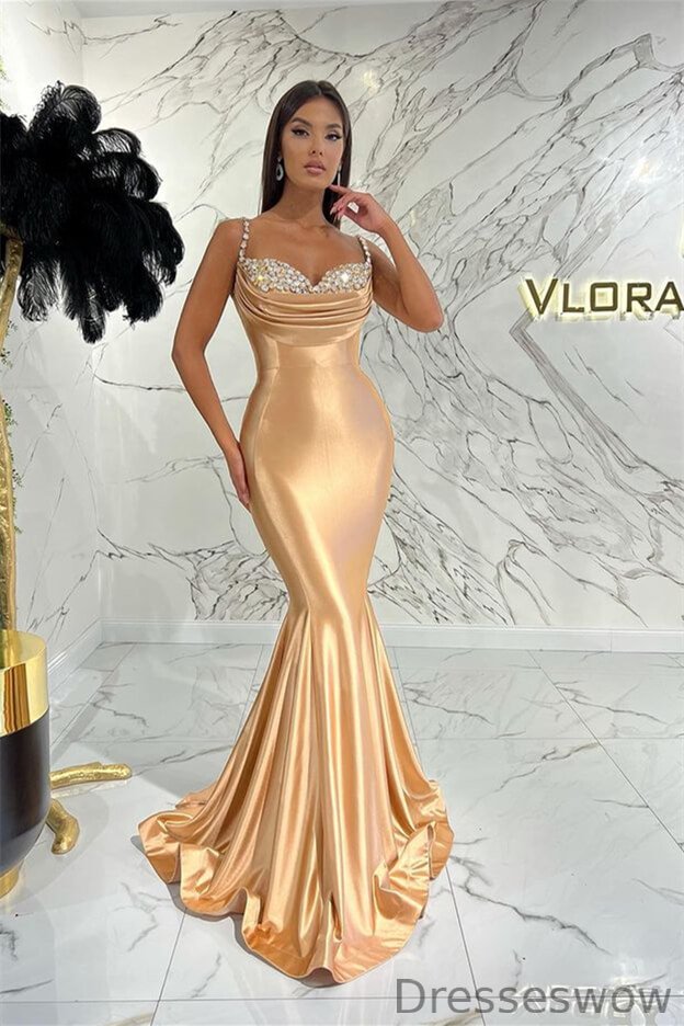Dresseswow Spaghetti-Straps Mermaid Prom Dress Champagne With Crystal