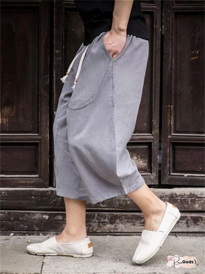 Men's Linen Shorts Capri Pants Pocket Drawstring Elastic Waist Plain Comfort Breathable Calf-Length Casual Holiday Going out Linen / Cotton Blend Stylish Classic Black White