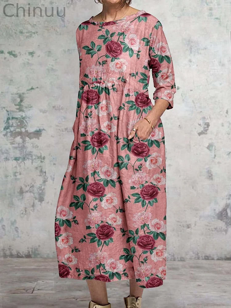 Women's Elegant Floral Classic Round Neck Cotton and Linen Dress