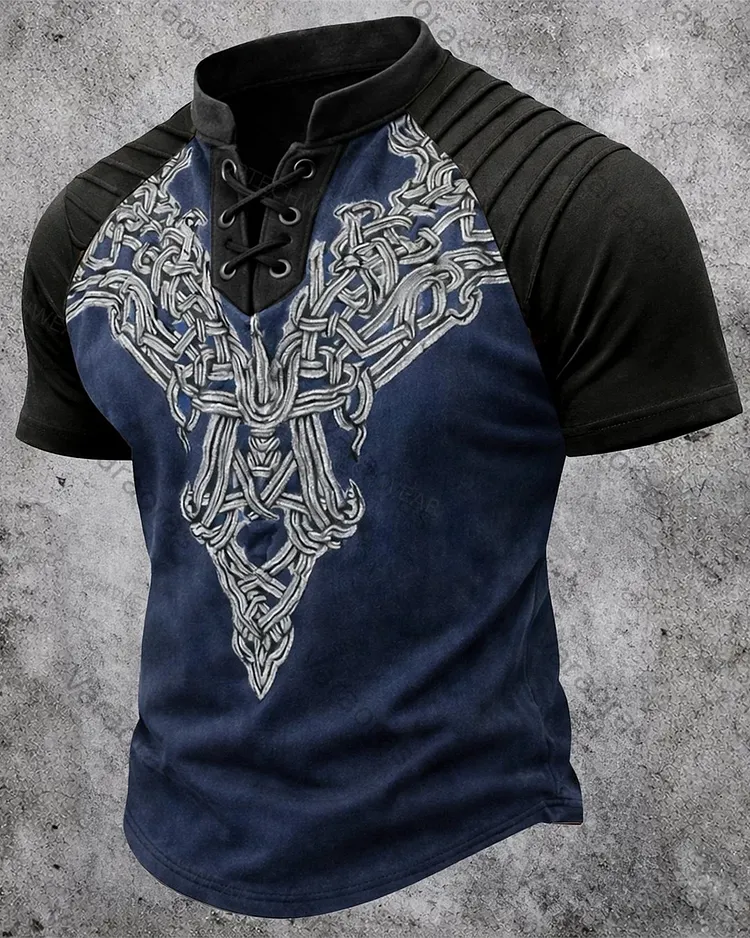 Men's Vintage Viking Celtic Knot Print Short-Sleeve Henley T-Shirt 7768
