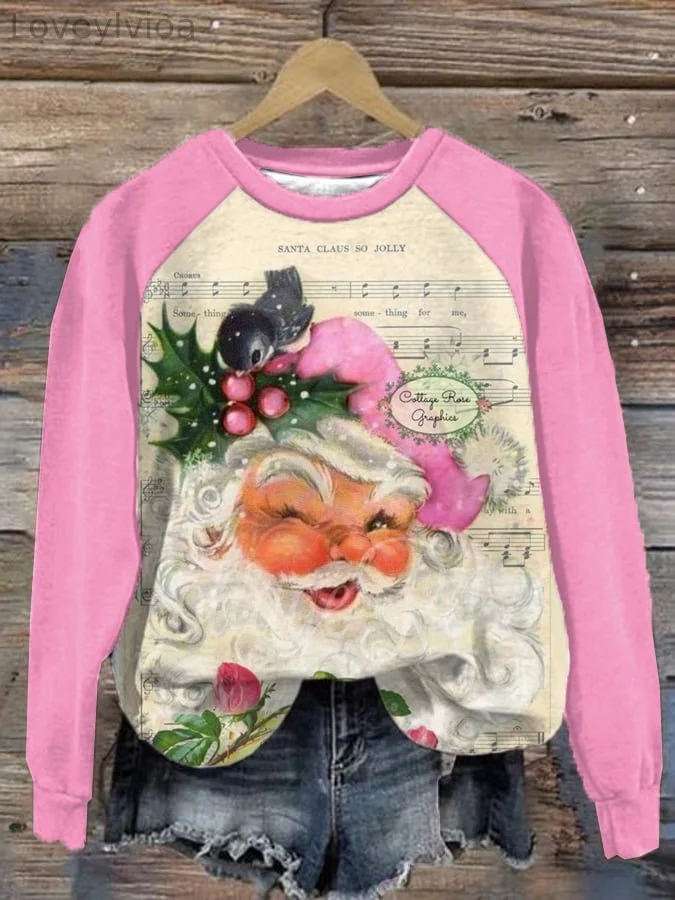 Women's Pink Santa Christmas Music Roses Print Crew Neck Sweatshirt
