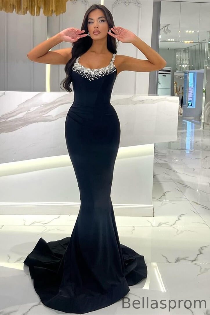 Bellasprom Dark Navy Straps Sleeveless Mermaid Prom Dress With Crystals Bellasprom