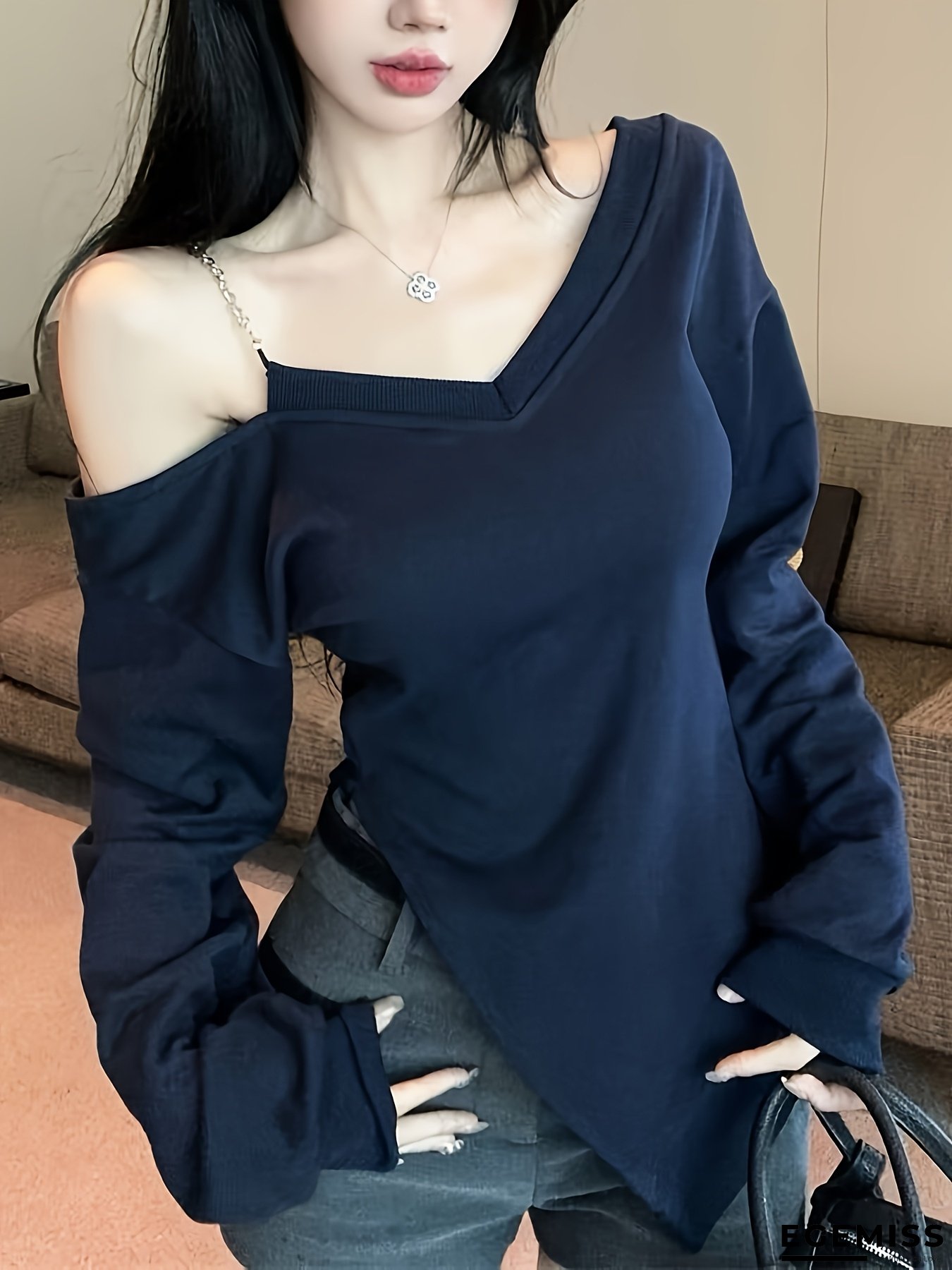 Dopamine Long-Sleeve V-Neck Top for Women, Vintage Pure Desire Sexy Off-Shoulder Asymmetrical Fitted with Pleats. | EGEMISS