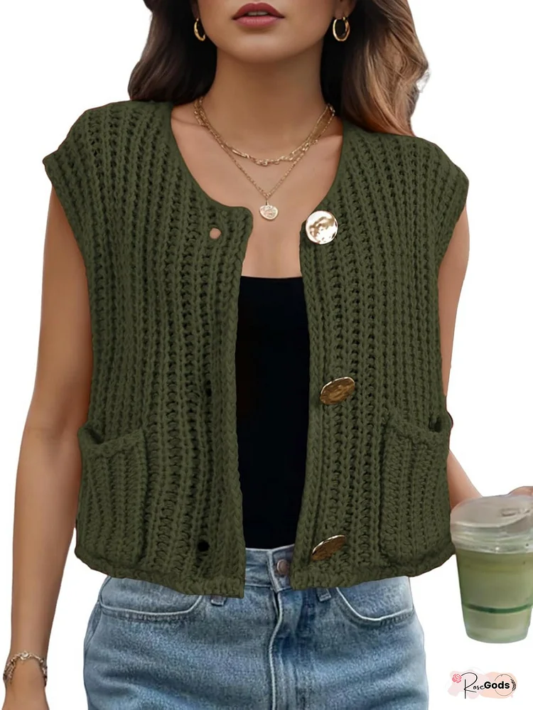 Women's Lightweight Cropped Sweater Vest - Chunky Sleeveless Cardigan with Button Front, Soft Beige Open Front Design, Side Pockets for Layering over Jeans/Dresses - Spring/Fall Transitional Outerwear, Sweater Cardigan, Spring Outerwear