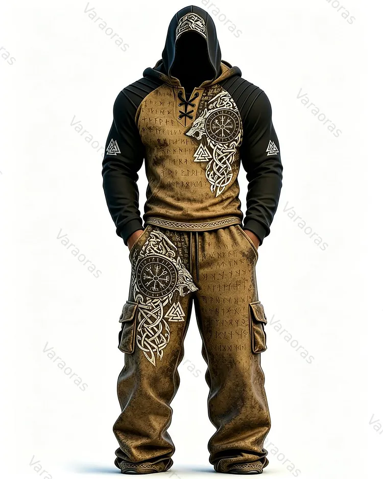 Men's Fashion Viking Contrast Color Embroidered Hoodie & Pants Two-Piece Set 2610