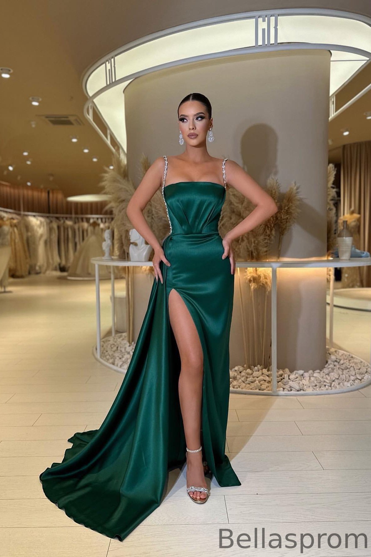 Bellasprom Dark Green Straps Prom Dress Mermaid Sleeveless Split With beads Bellasprom