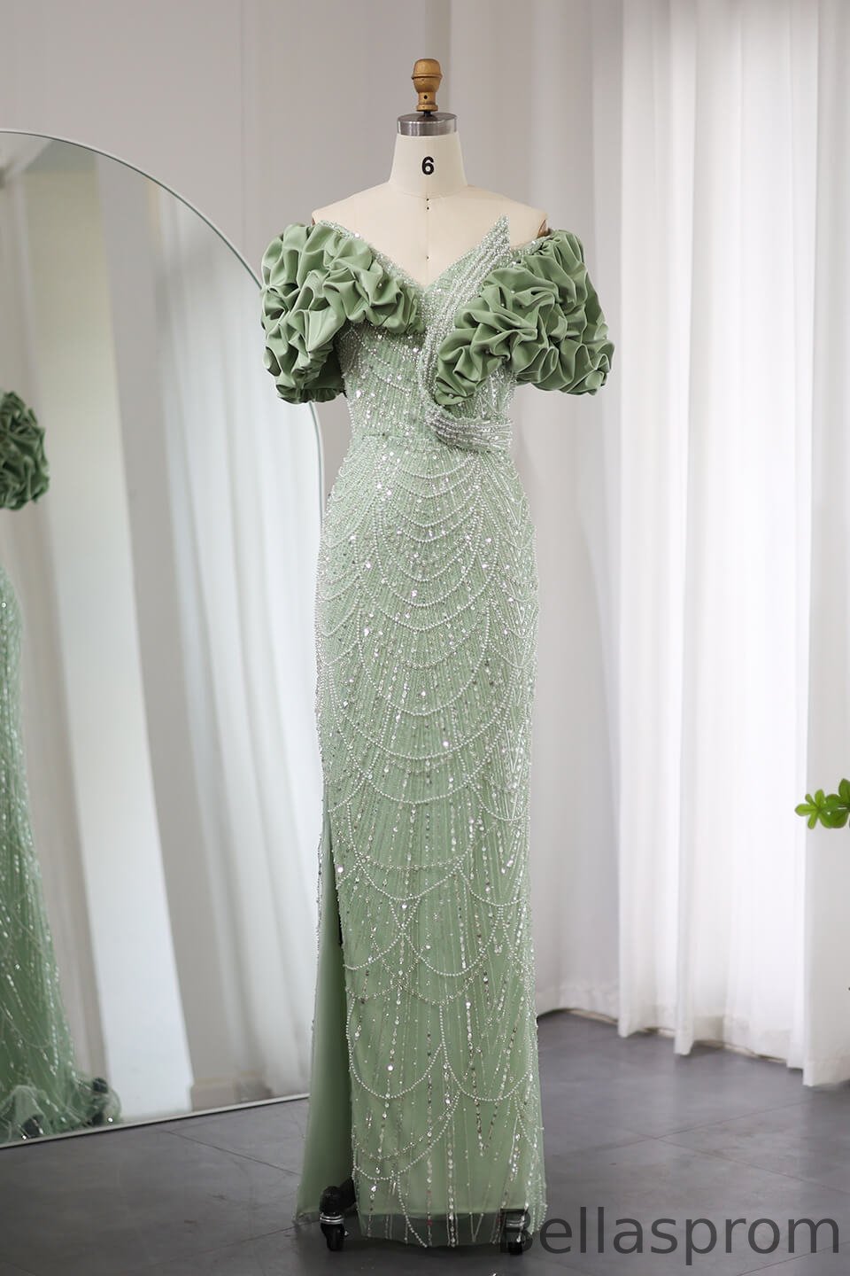 Bellasprom Off-the-Shoulder Mermaid Evening Dress Long With Sequins Beads Pearls Bellasprom