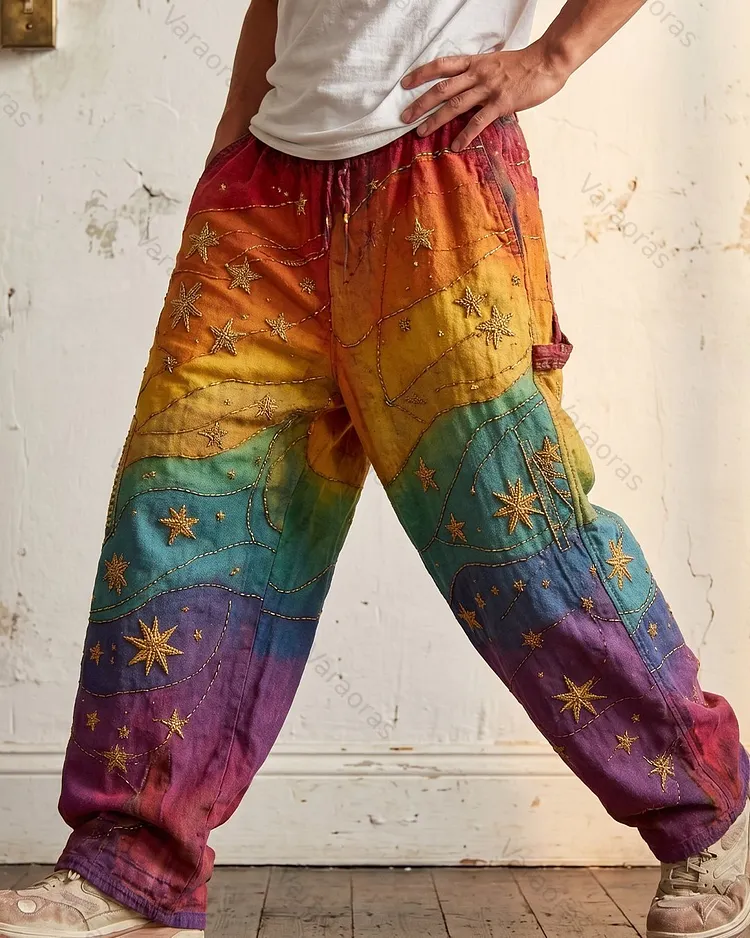 Men's Summer Fashion Rainbow-Colored Star and Moon Embroidered Linen Pants  3965