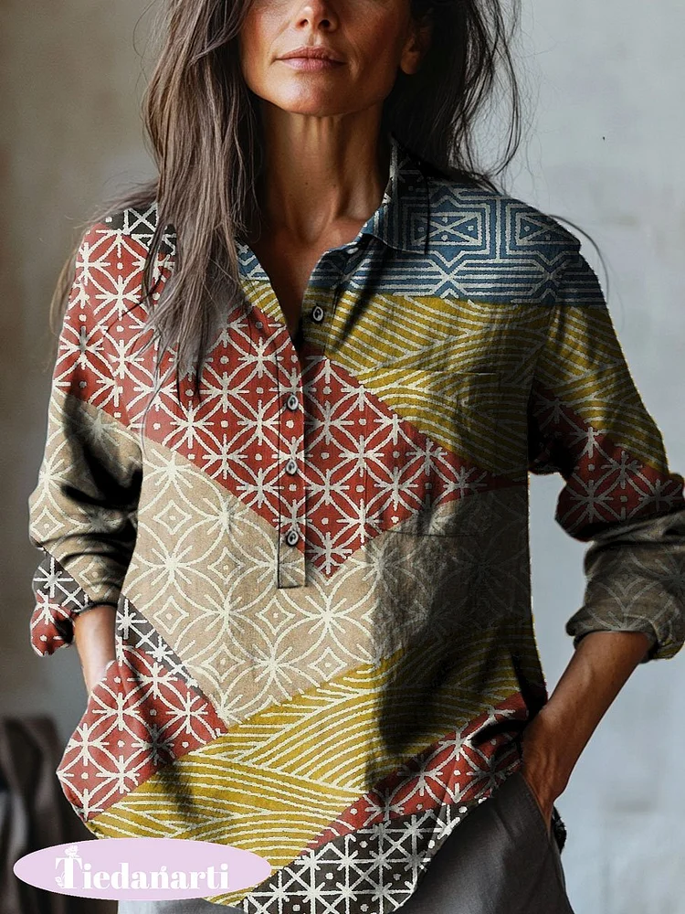 Women's Vintage Color Texture Art Print Casual Cotton And Linen Shirt