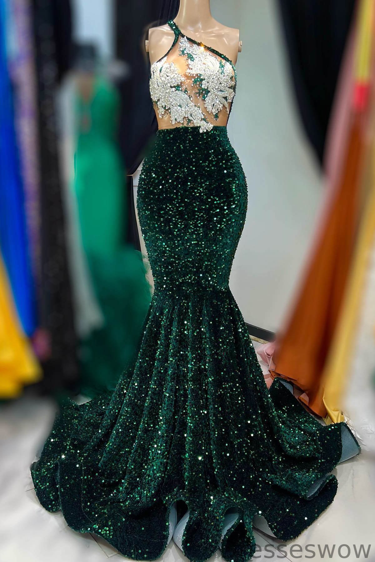 Dresseswow Dark Green One Shoulder Sleeveless Mermaid Ball Dress With Sequins Beadings