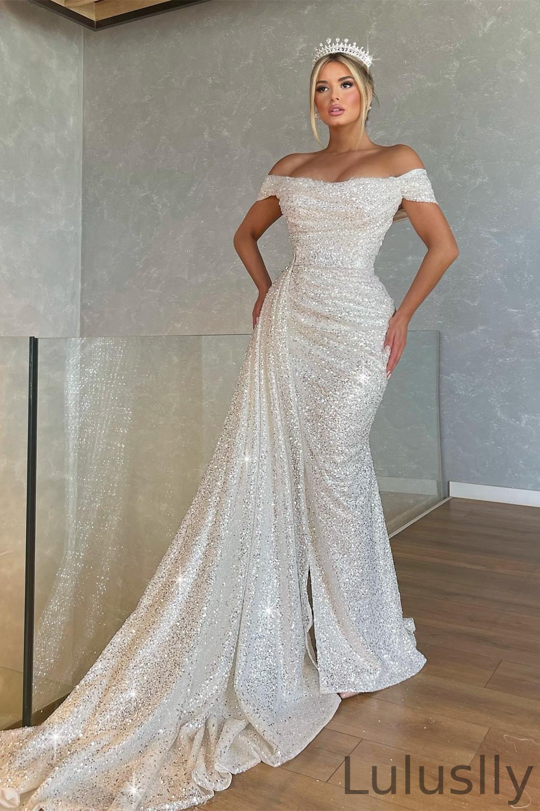 Luluslly Off-the-Shoulder Sequins Wedding Dress Mermaid Ruffles Long