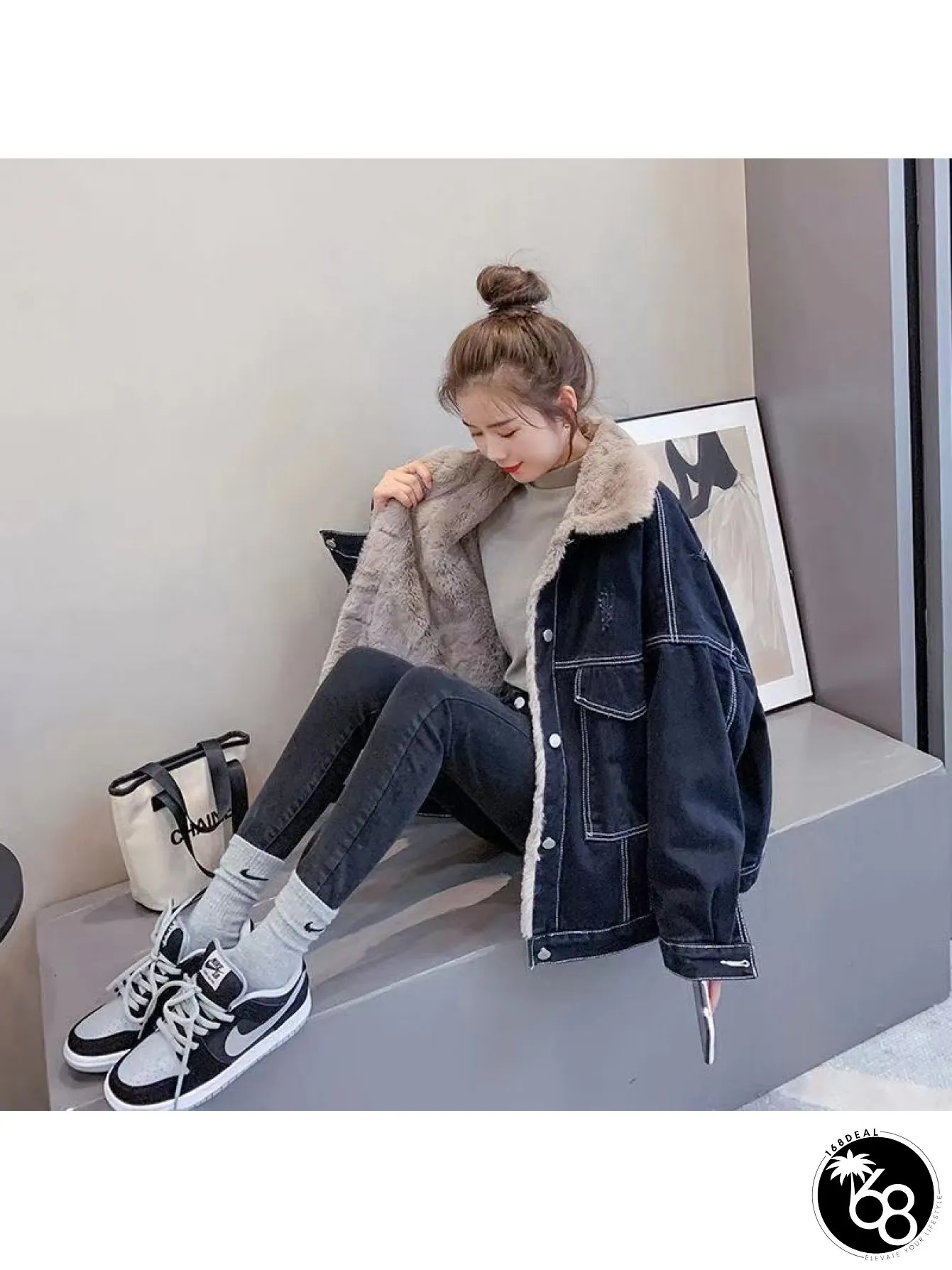 Womens Thickened Fleece Denim Jacket-Heavy Winter Warmth-Oversized Loose Fit-Wash | 168DEAL