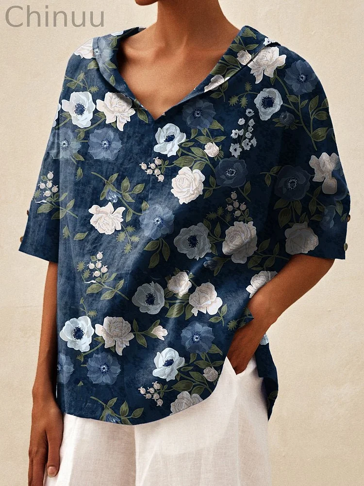 Women's Flower Art  Print Casual Linen V-neck Shirt