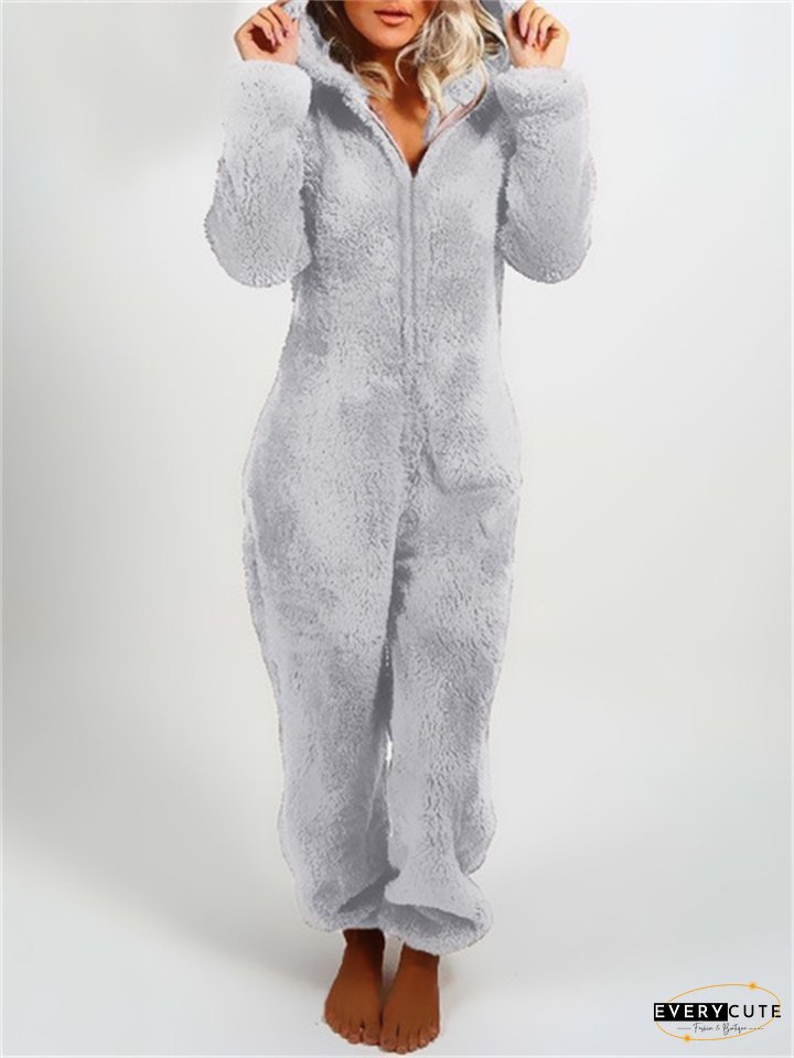 Women's Jumpsuit Solid Color Hooded Basic Home Loose Long Sleeve Rose Red 5XL Fall