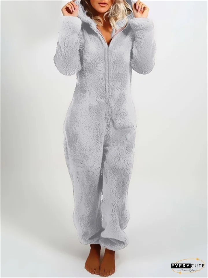 Women's Jumpsuit Solid Color Hooded Basic Home Loose Long Sleeve Rose Red 5XL Fall