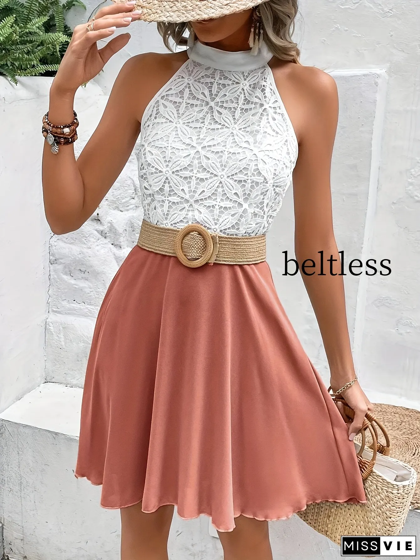 Elegant Womens Dress-Contrast Lace Sleeveless Round-neck Flared Hem Machine-Washable