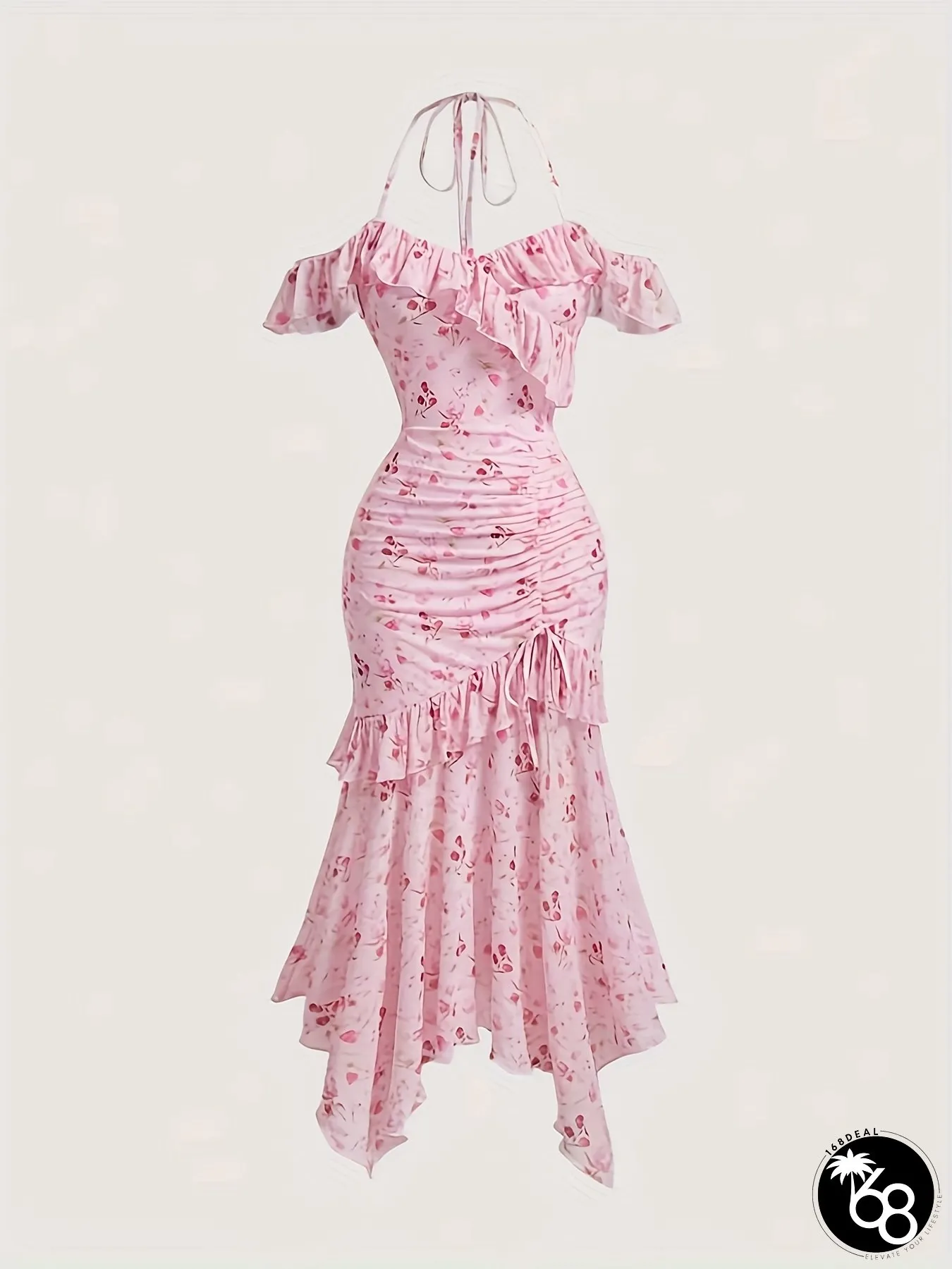 Elegant floral print off-shoulder dress for women-asymmetrical ruffled hem high | 168DEAL
