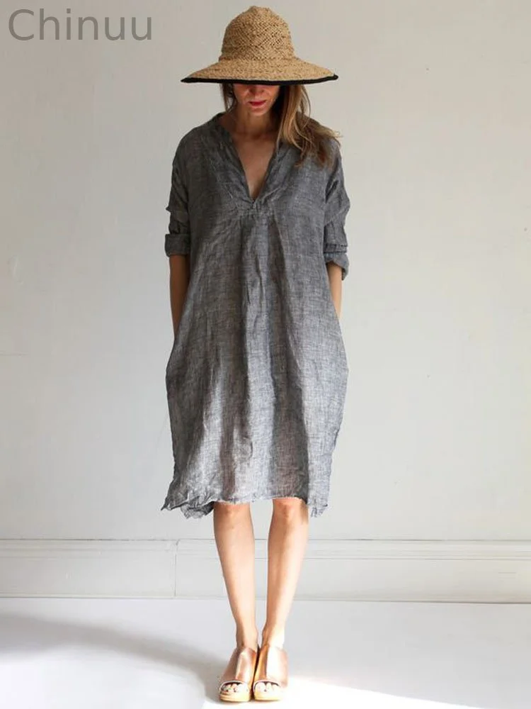 Linen Casual Women's V-Neck Long Dress