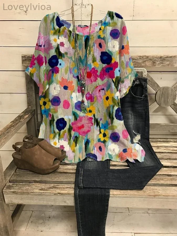 Women's Vintage Floral Print Round Neck Top