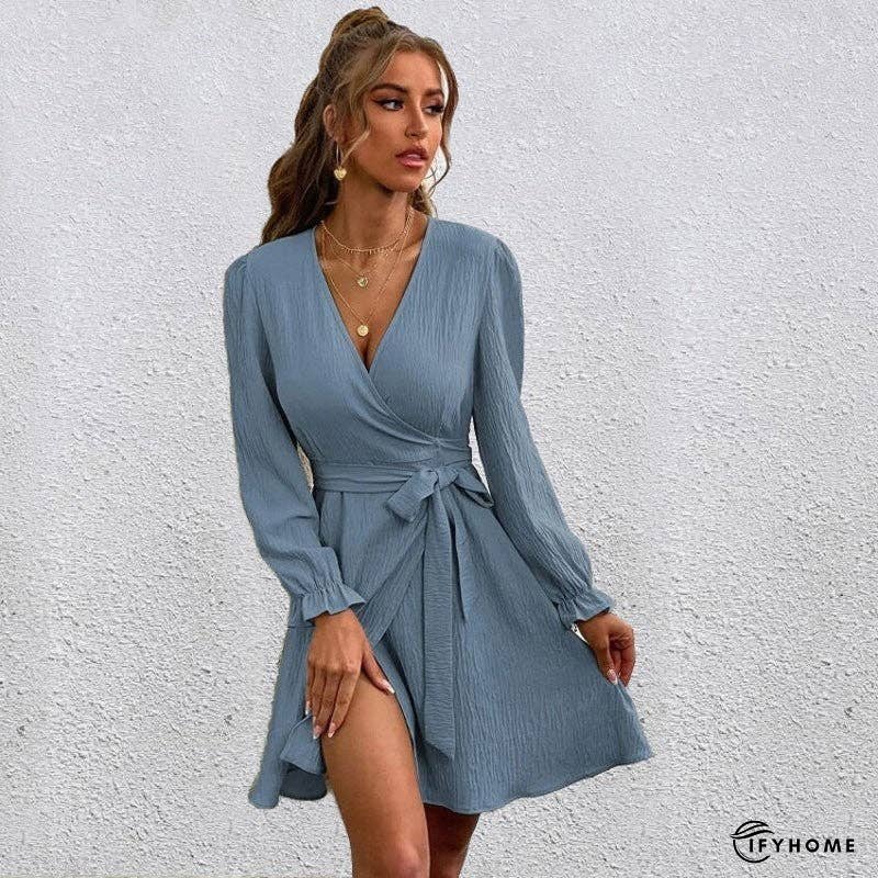 V-Neck Long Sleeves Solid Color Waist Tied Mini Dress | IFYHOME