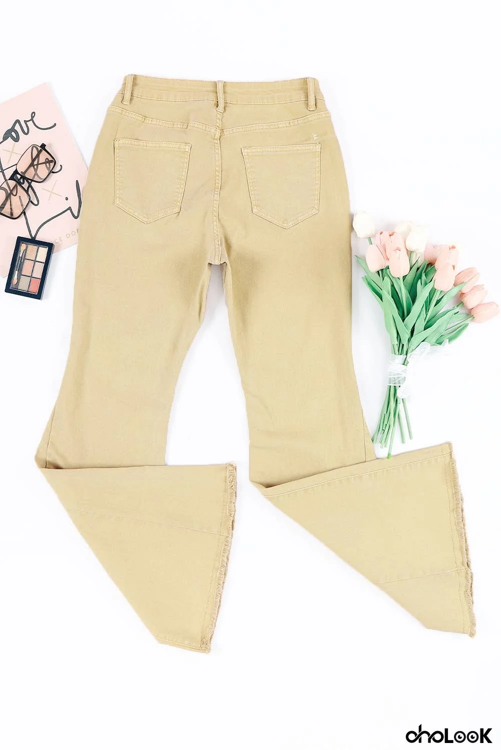 Khaki Raw Edge Mid Waist Flared Jeans