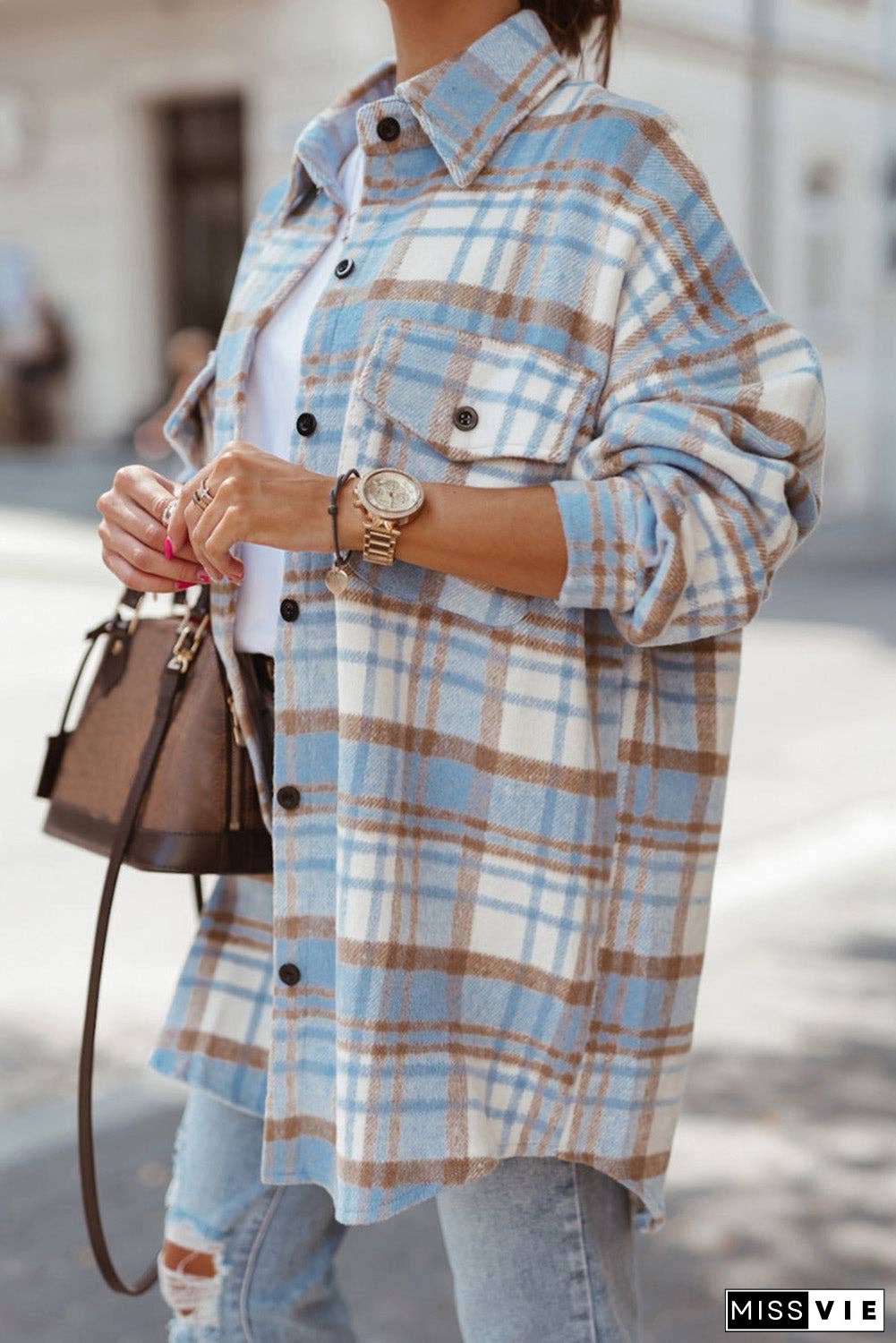 Plaid Flap Pocket Buttoned Shacket