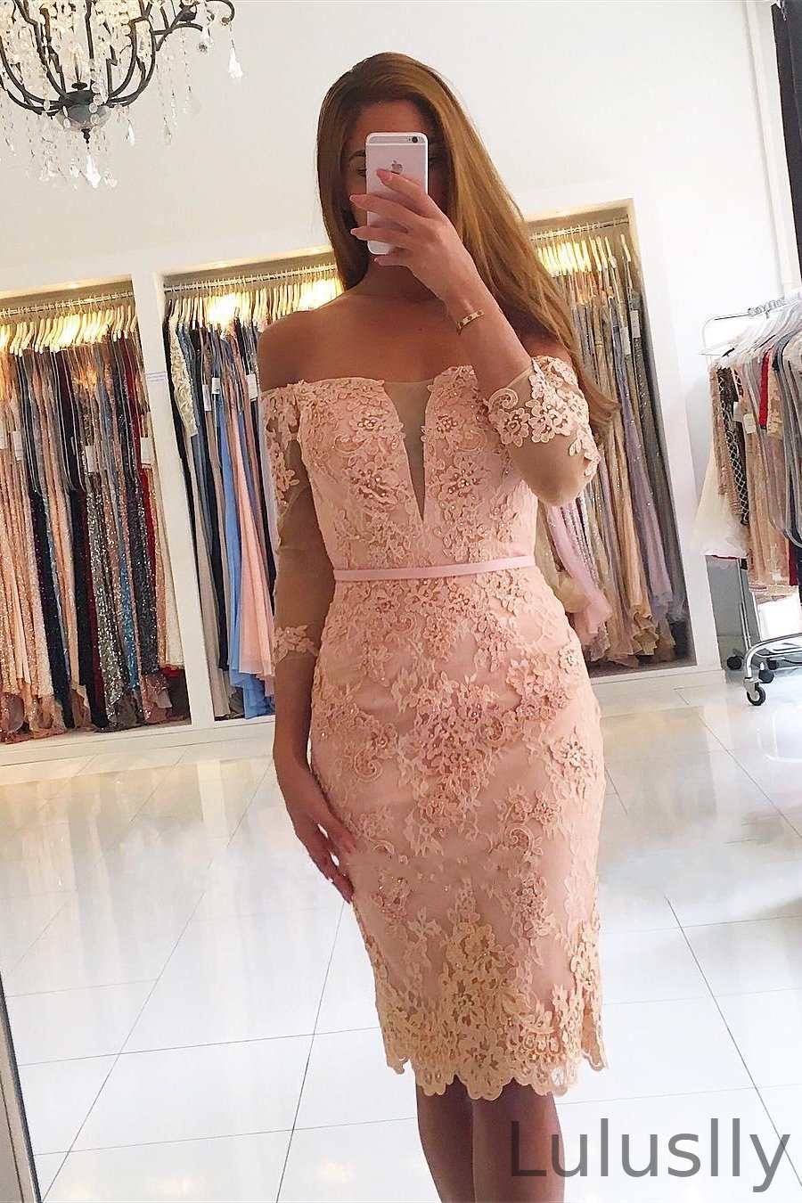Luluslly Off-the-Shoulder Long Sleeves Short Prom Dress Sheath Lace Appliques