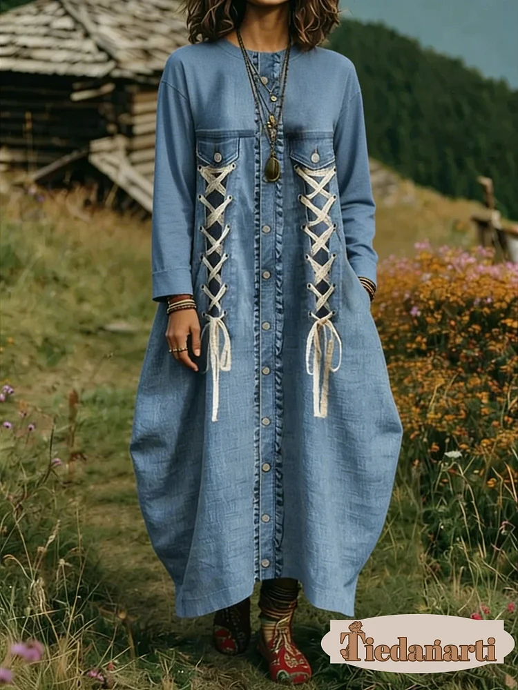 Women's Floral Print Crew Neck Long Sleeve Cotton Pocket Dress