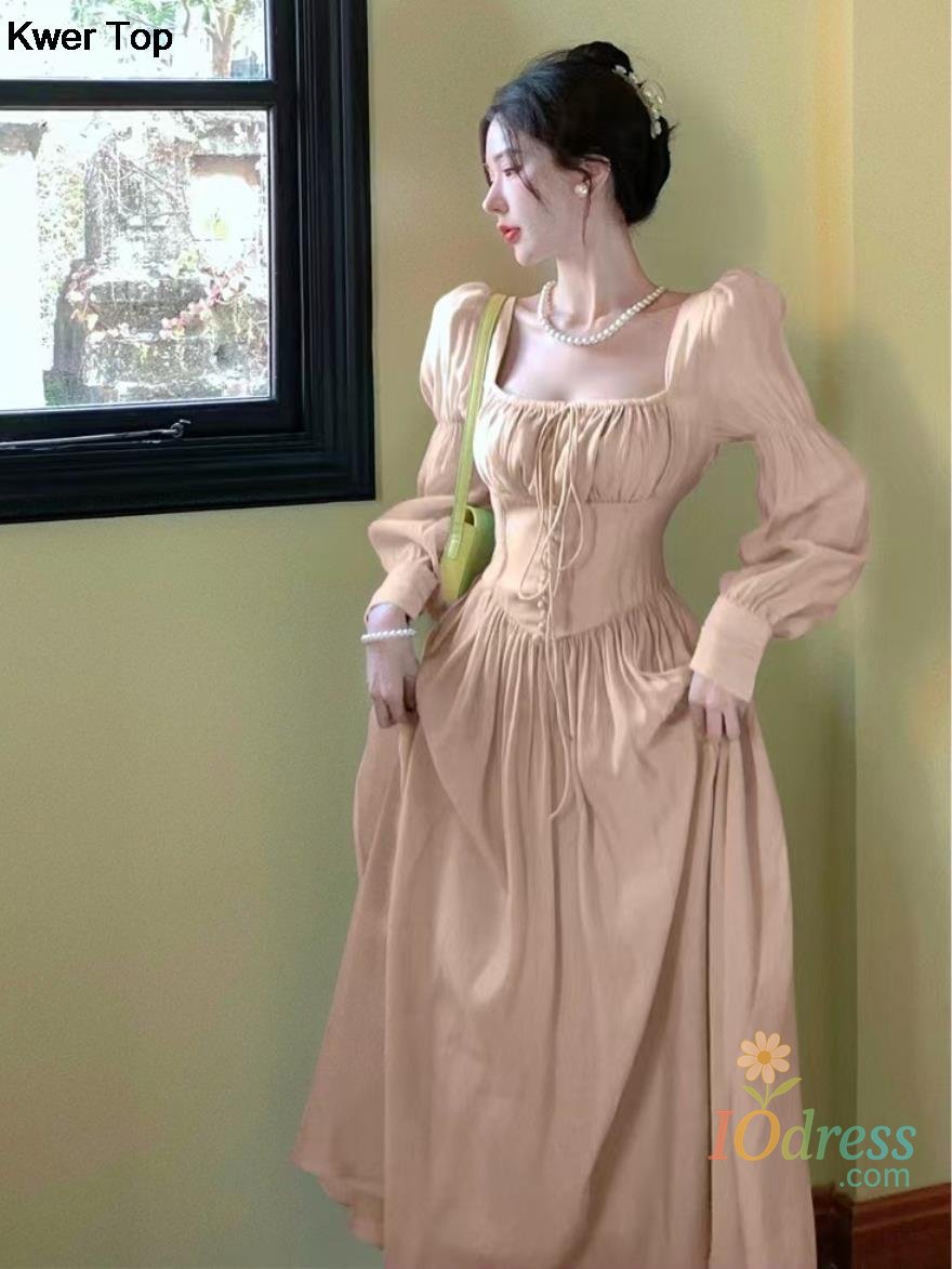 IO Dress French Elegant Lantern Sleeve Lace Up Midi Dress Summer Women Square Neck Evening Party Prom Robe Female Vestidos Mujer Autumn
