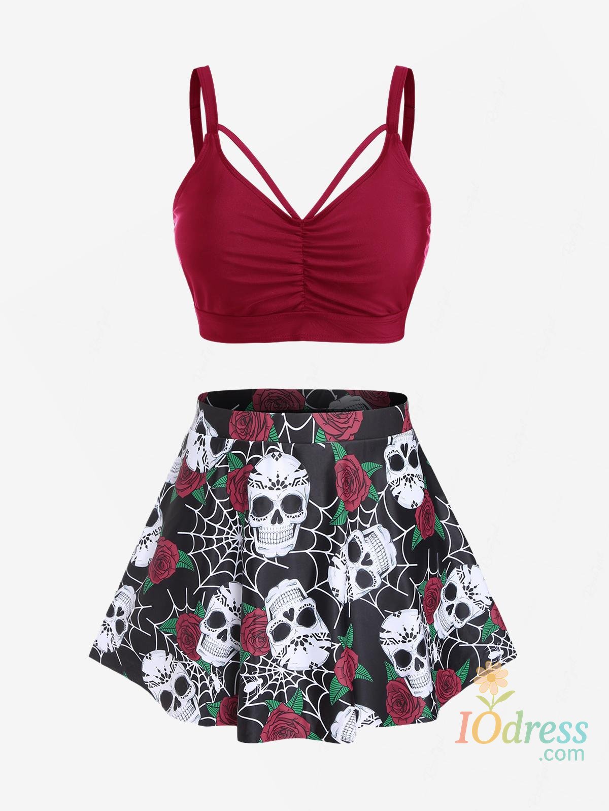 IO Dress ROSEGAL Plus Size Gothic Rose Skulls Printed Ruched Padded Tankini Set Swimsuit